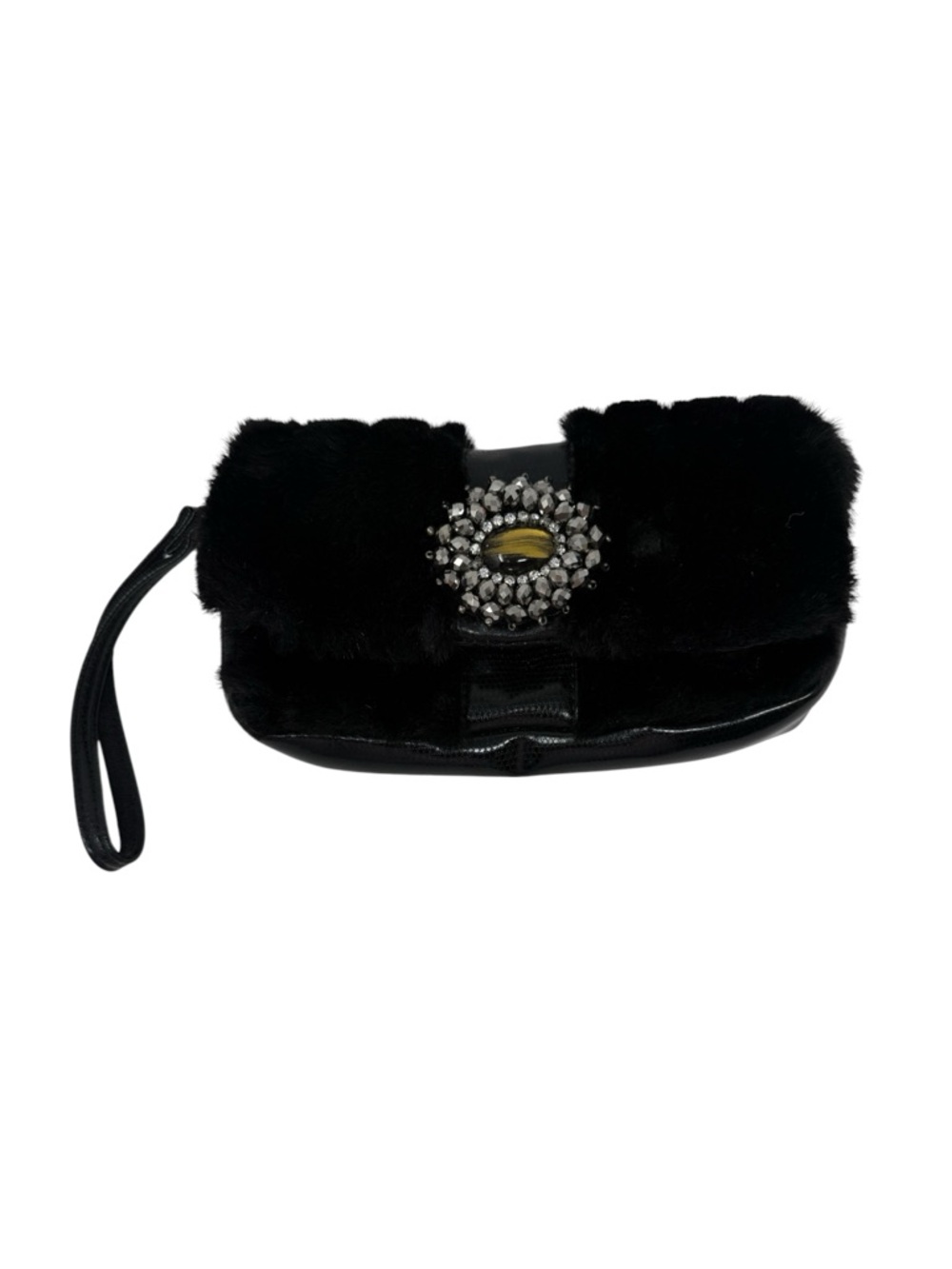 Chico’s Black Faux Fur Wristlet Clutch with Jeweled Accent Closure
